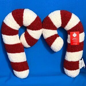 NEW SET OF 2 SHERPA CANDY CANE SHAPE DECORATIVE HOLIDAY / CHRISTMAS PILLOWS NWT